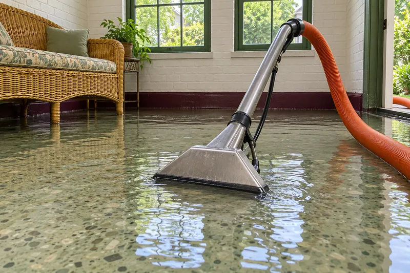 Water Extraction in Victoria extraction wand and hose on a flooded floor